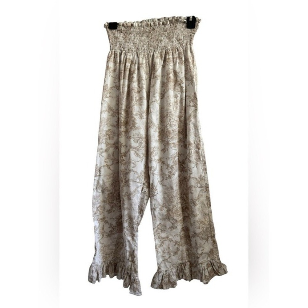 Nothing Fits But Toile Print Smocked Waist Ruffle Hem Wide Leg Pants S/M